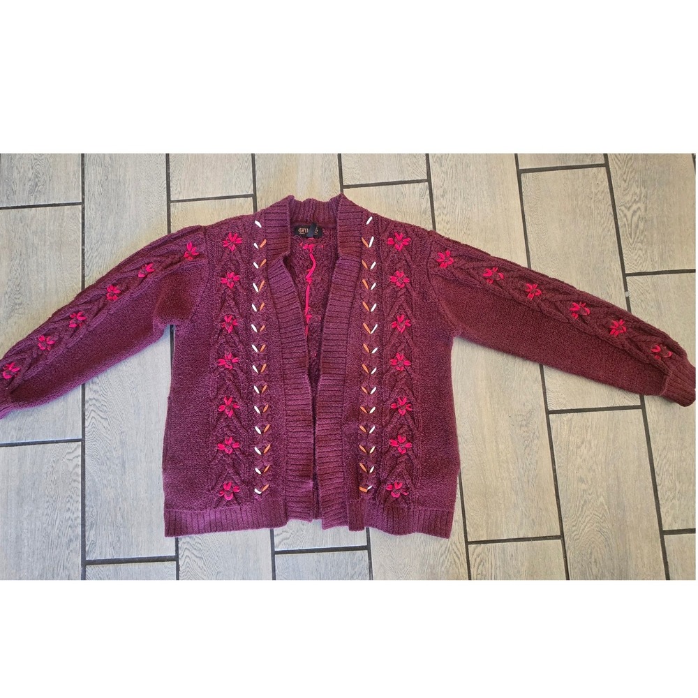 Shyanne Womens Burgundy Cable Knit Floral Embroidered Cardigan Sweater Large